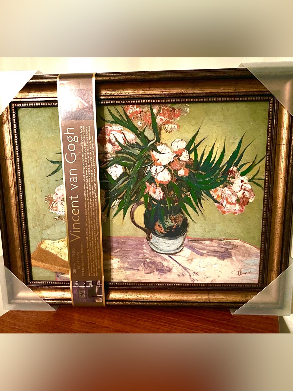 NEW  VINCENT VAN GOGH- Vase with Oleanders On A Wood Base Gold Frame. 20" X 16".